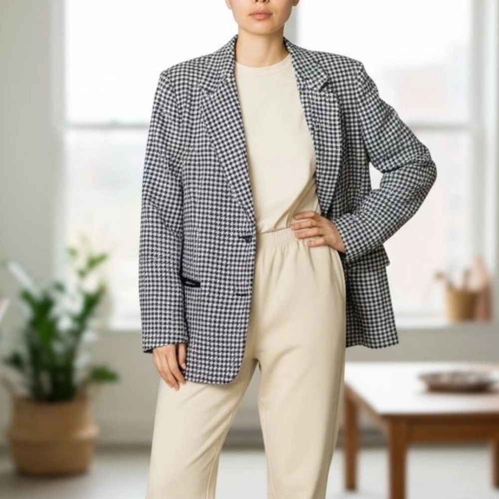 Joan Leslie Women Black And White Houndstooth Blazer Jacket Size 14